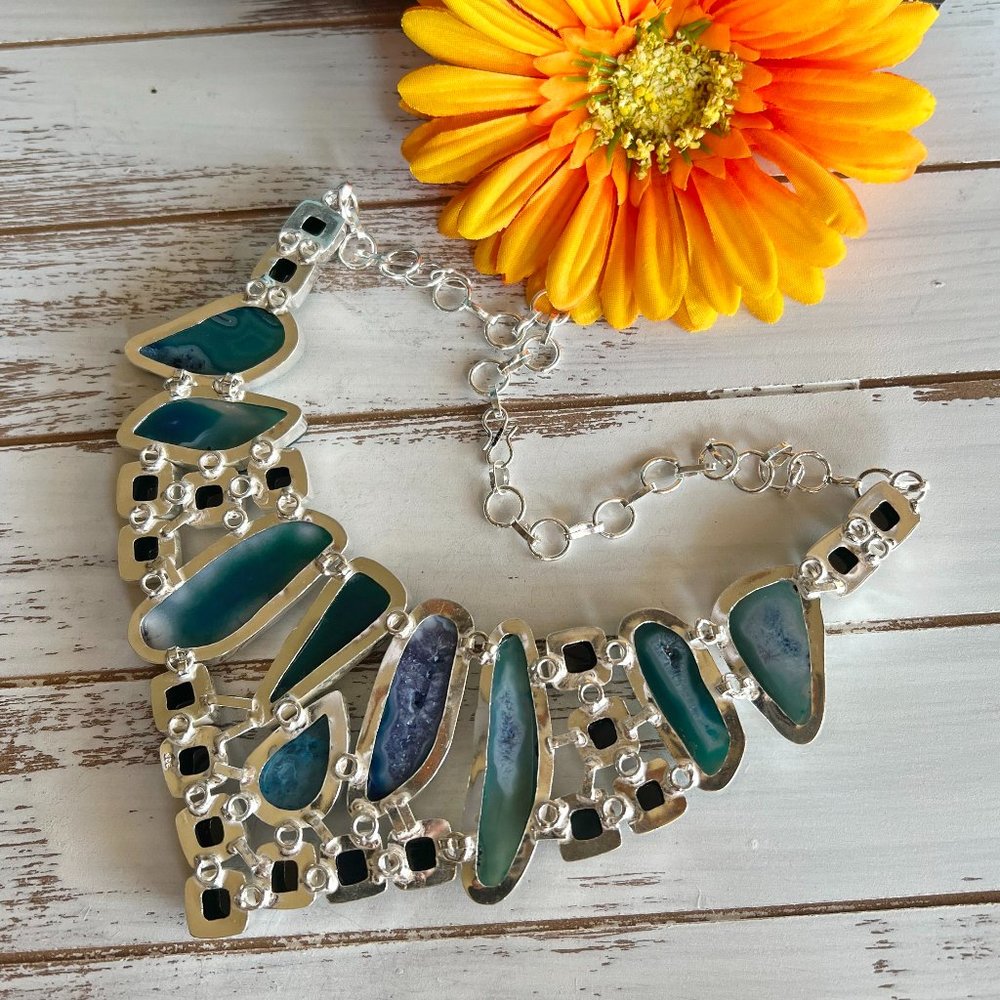 Solar Agate Necklace Triplet Opal Ocean Blue Large Handmade 925 Silver Boho New! - Picture 12 of 16